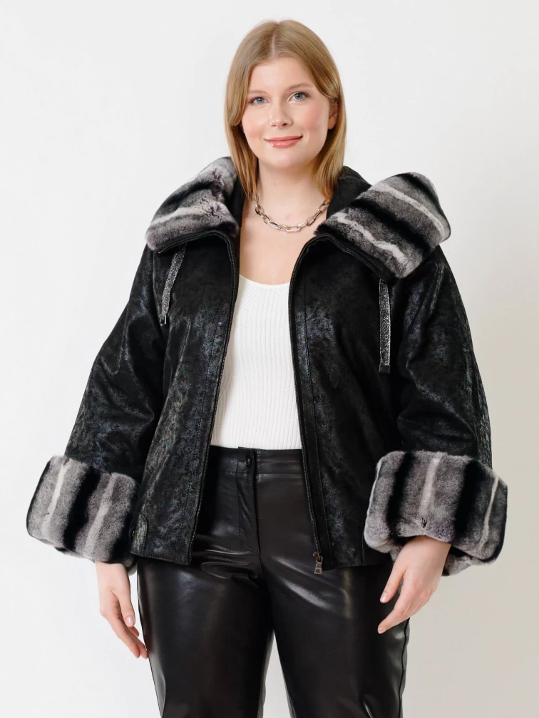 Замшевая утепленная женская куртка с мехом "рекса" 397ш, черная, размер 48, артикул 23721-0