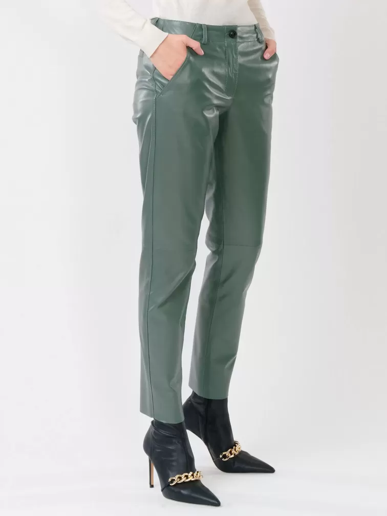 Кожаные зауженные брюки женские 03, из натуральной кожи, оливковые, р. 48, арт. 85260-4