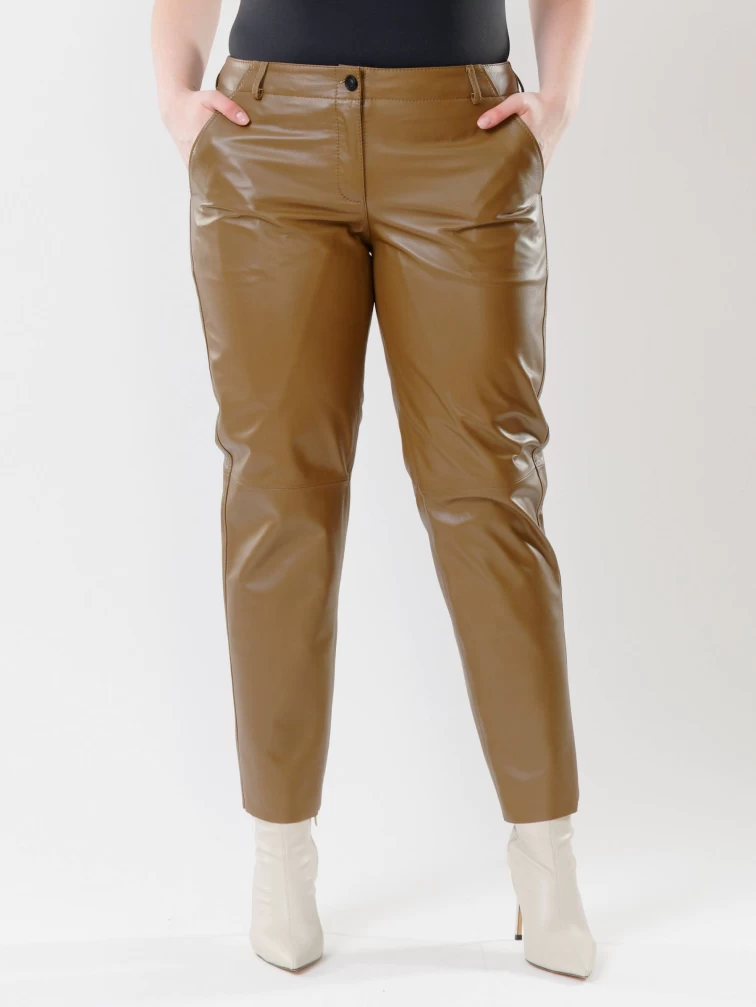 Кожаные зауженные женские брюки из натуральной кожи 03, серо-коричневые, размер 46, артикул 85520-6