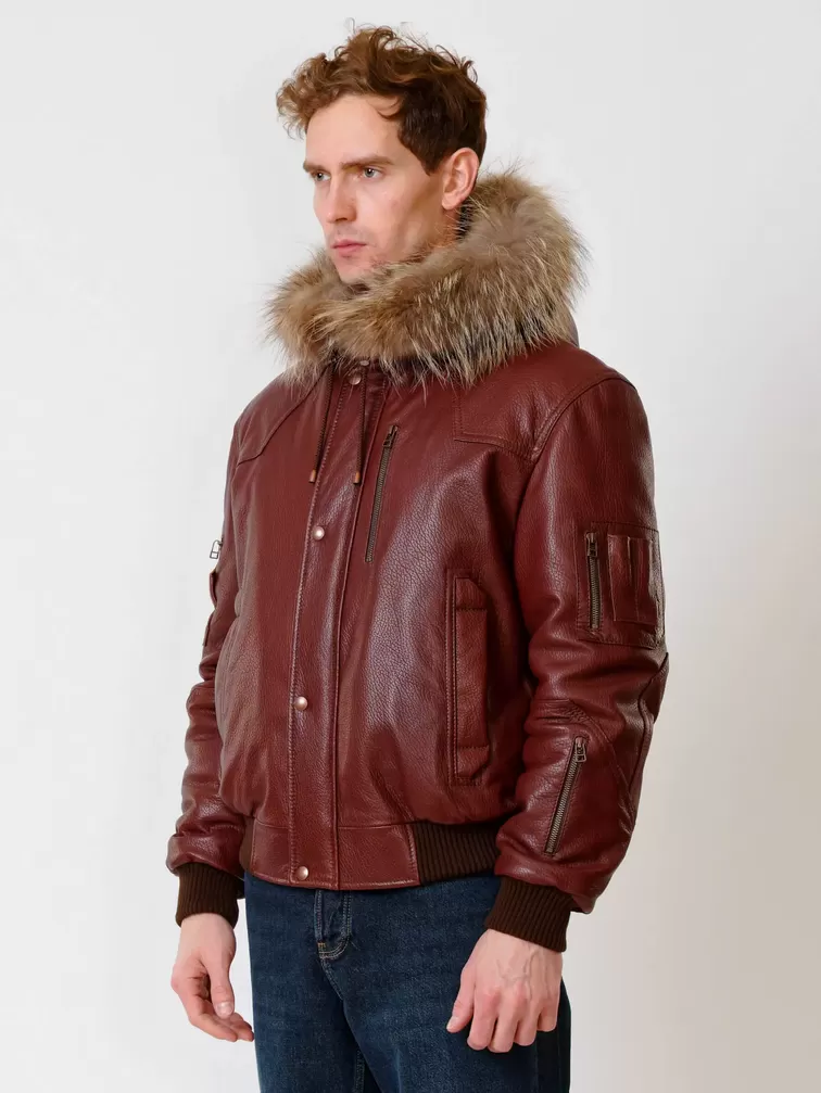 Кожаная куртка утепленная мужская 509, с мехом енота, виски, р. 44, арт. 40190-1