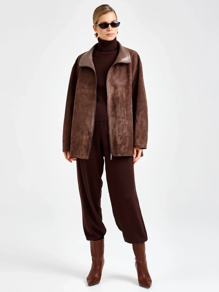 Короткая замшевая женская куртка премиум класса 3090з, коричневая, размер 48, артикул 92450-0