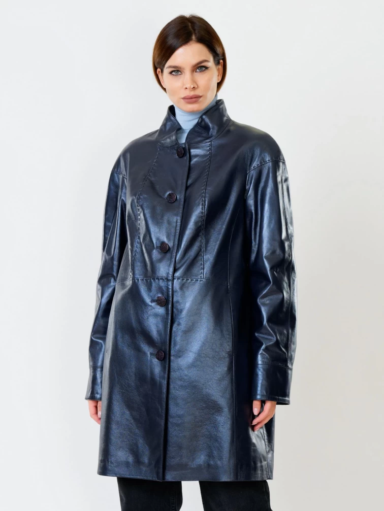 Кожаное пальто женское 378, синий перламутр, размер 48, артикул 91130-6
