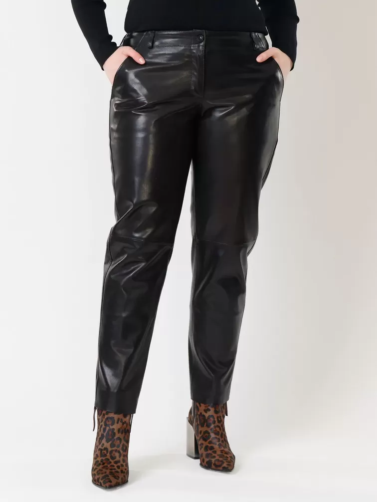 Кожаные зауженные брюки женские 03, из натуральной кожи, черные, р. 40, арт. 85501-3
