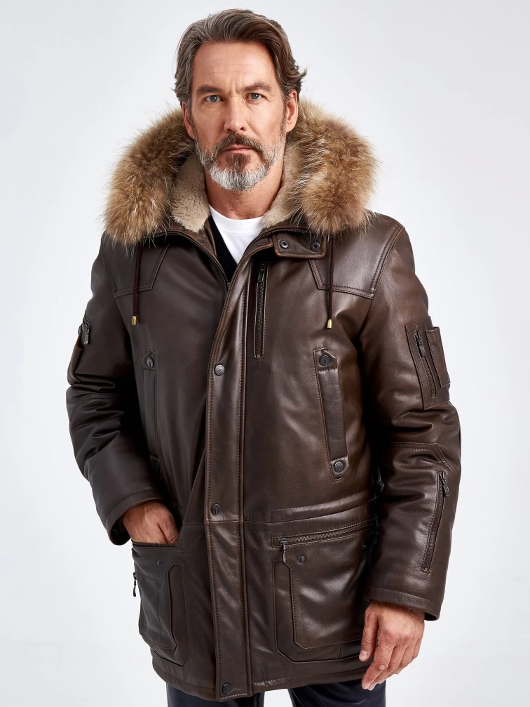 Утепленная мужская кожаная куртка аляска с мехом енота Алекс, темно-коричневая, размер 48, артикул 40720-0