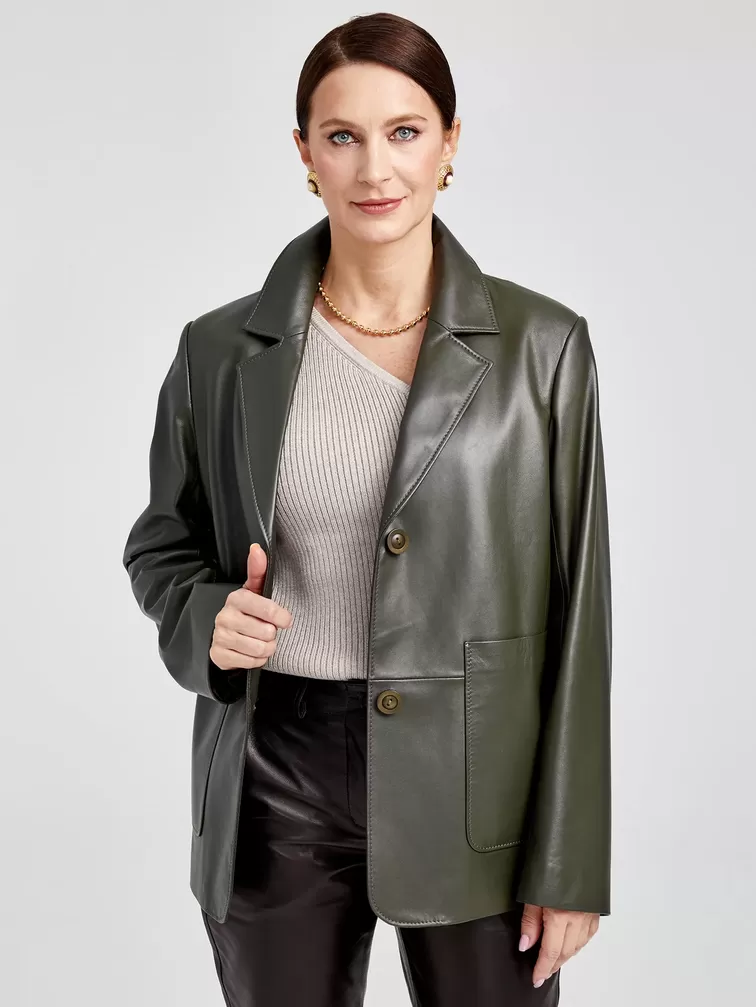 Кожаный костюм женский: Пиджак 3016 + Брюки 03, оливковый/черный, р. 46, арт. 111138-4