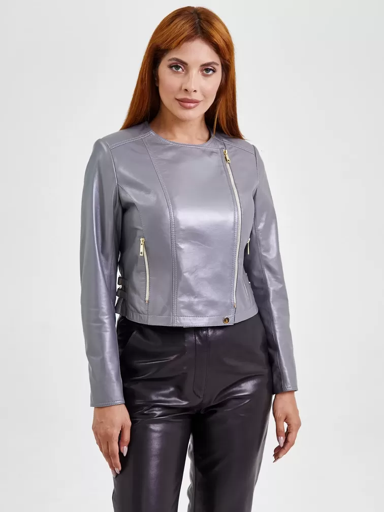 Кожаный комплект женский: Куртка 389 + Брюки 03, серый/черный, р. 42, арт. 111117-4