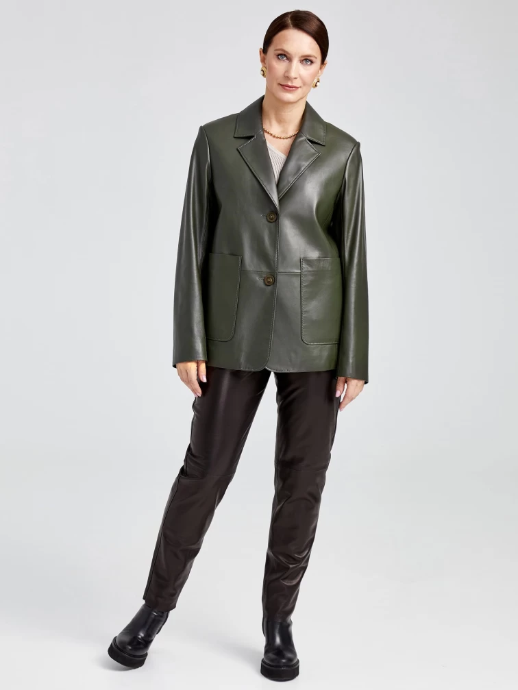 Кожаный пиджак женский 3016, оливковый, размер 54, артикул 91630-5