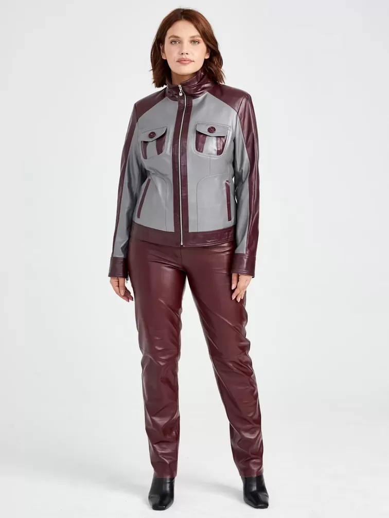 Кожаный комплект: Куртка женская 341 + Брюки женские 02, серый/бордовый, р. 42, арт. 111170-6