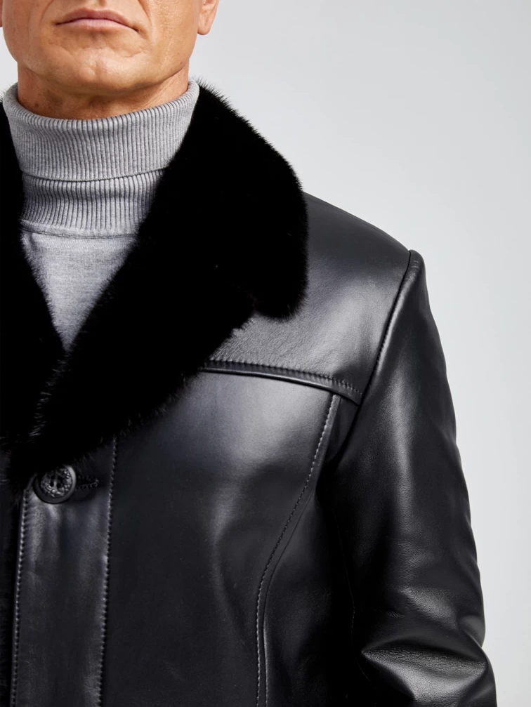 Мужское зимнее кожаное пальто с норковым воротником премиум класса 533мех, черное, размер 50, артикул 71061-2