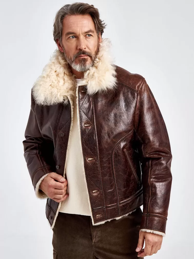 Кожаная куртка зимняя мужская 151, на подкладке из овчины "тиградо", коричневая, p. 52, арт. 70680-3
