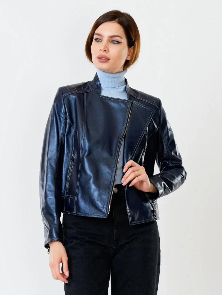 Кожаная куртка косуха женская 300, синий перламутр, размер 50, артикул 90992-5