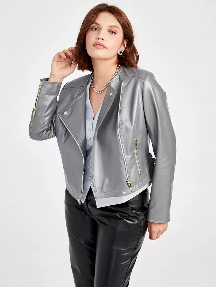 Кожаный комплект женский: Куртка 389 + Брюки 03, серый/черный, р. 42, арт. 111116-3