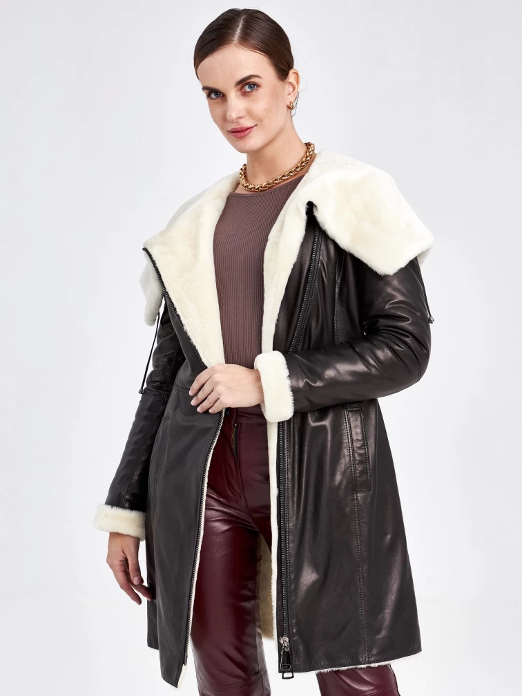 Кожаное пальто зимнее женское 390мех, с капюшоном, черно-белое, р. 50, арт. 91810-3