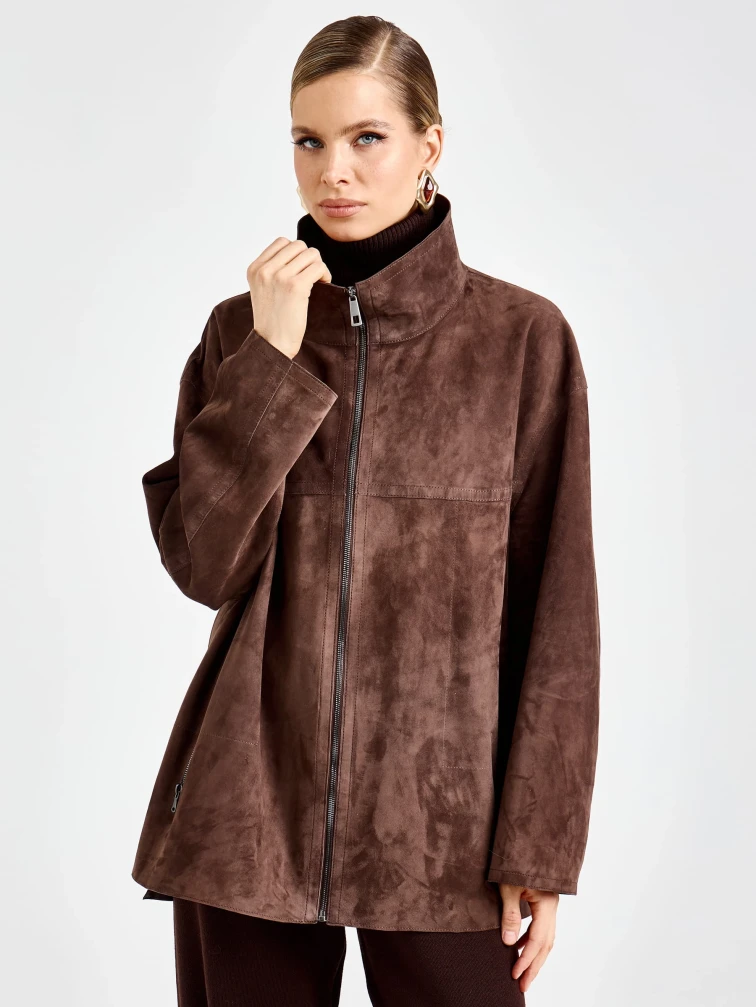 Короткая замшевая женская куртка премиум класса 3090з, коричневая, размер 48, артикул 92450-7