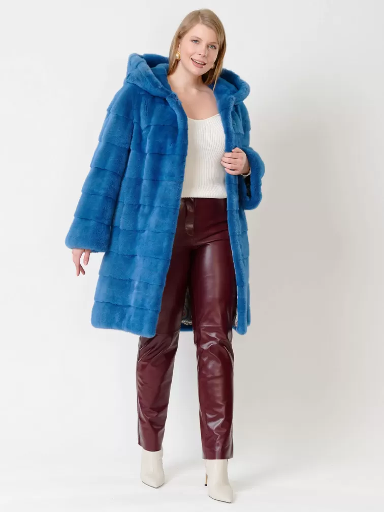 Пальто из меха норки женское 245к, с капюшоном, голубое, р. 52, арт. 32780-3