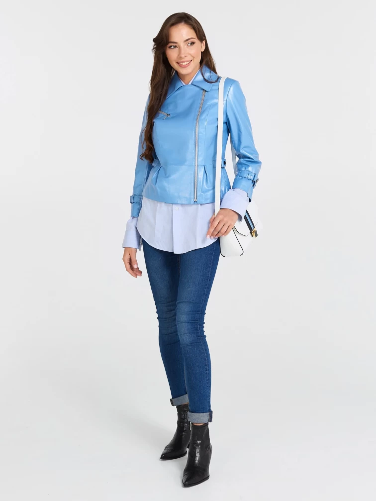 Кожаная куртка косуха женская 307, голубой перламутр, размер 44, артикул 90550-2