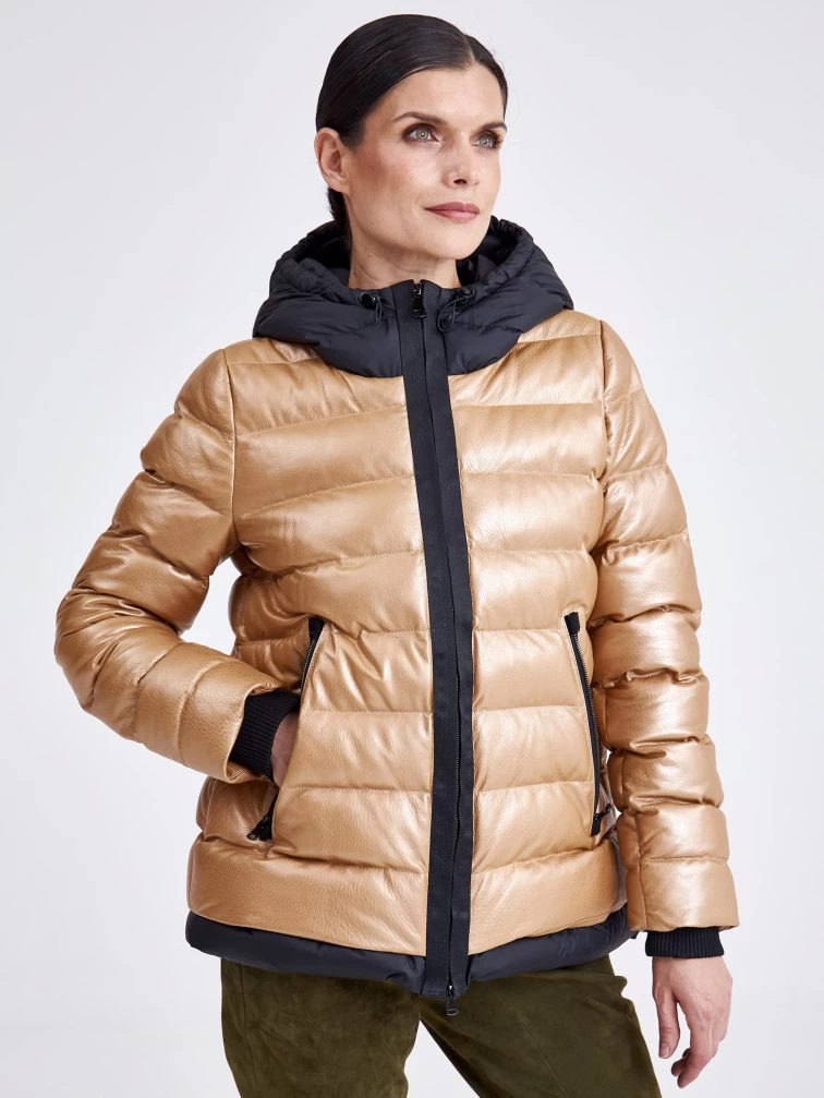 Женская кожаная куртка с капюшоном премиум класса 3028, бежевая, размер 44, артикул 23340-1