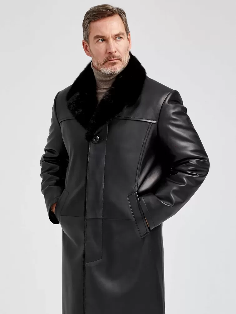 Кожаное пальто зимнее премиум класса мужское 533мех, воротник с мехом норки, черное, р. 50, арт. 71062-0