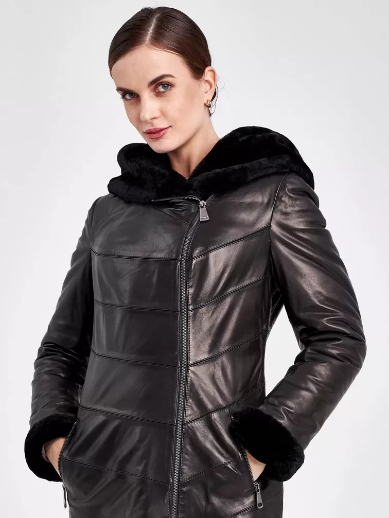 Кожаное пальто зимнее женское 391мех, с капюшоном, черное, р. 46, арт. 91820-6