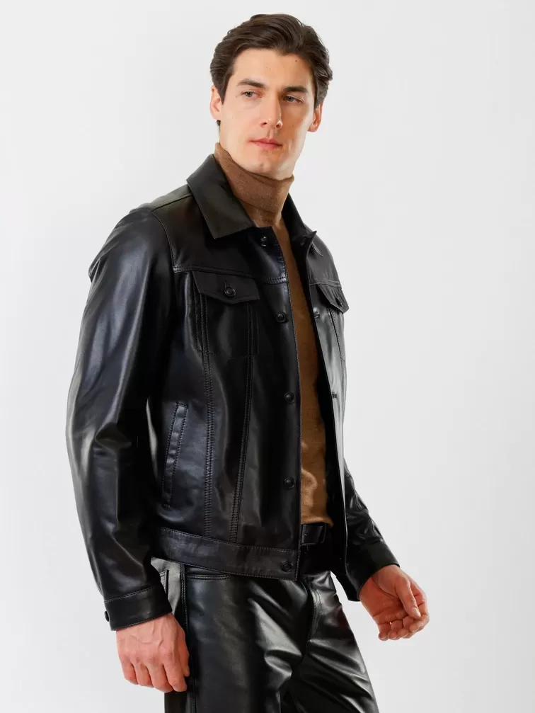 Кожаная куртка мужская 550, на пуговицах, черная, р. 48, арт.  28750-5