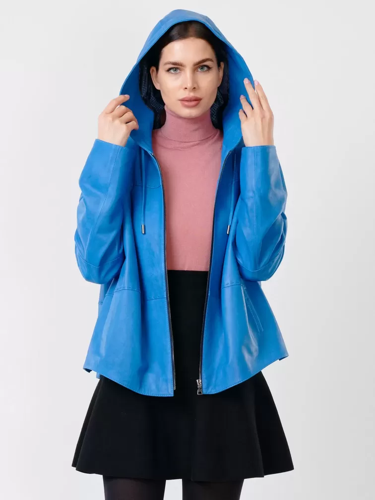 Кожаная куртка женская 308рc, с капюшоном, голубая, р. 46, арт. 91140-6