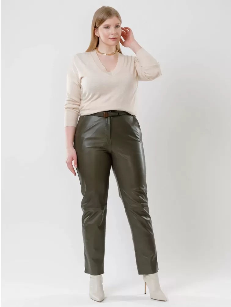 Кожаные прямые брюки женские 04, из натуральной кожи, оливковые, р. 46, арт. 85530-3