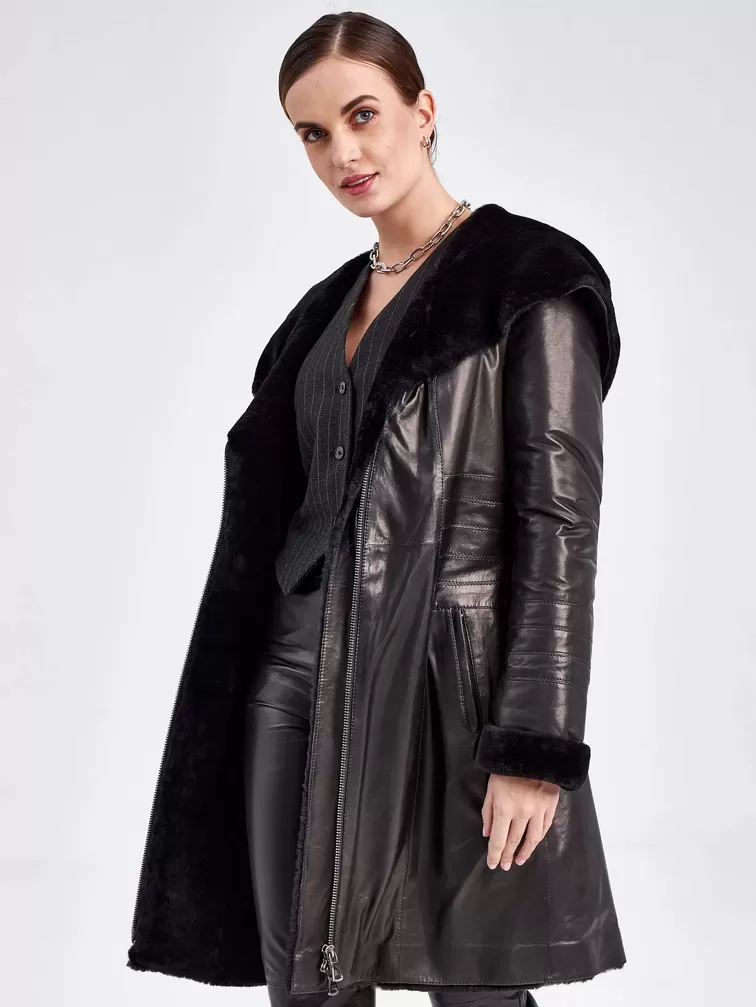 Кожаное пальто зимнее женское 393мех, с капюшоном, черное, р. 46, арт. 91860-3