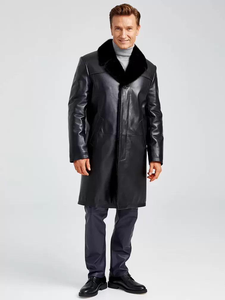 Кожаное пальто зимнее премиум класса мужское 533мех, воротник с мехом норки, черное, р. 50, арт. 71061-3