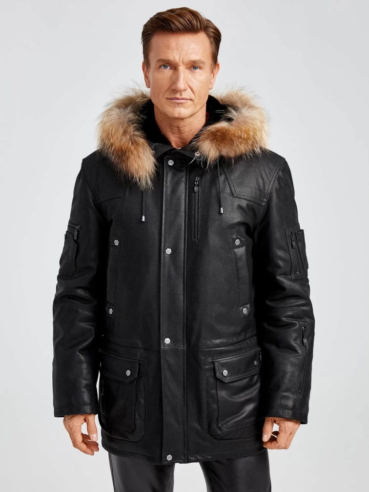 Утепленная мужская кожаная куртка аляска с мехом енота Алекс, черная DS, размер 52, артикул 40380-0