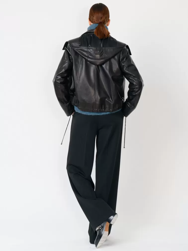 Кожаная куртка женская 305, с капюшоном, черная, р. 44, арт. 90820-4