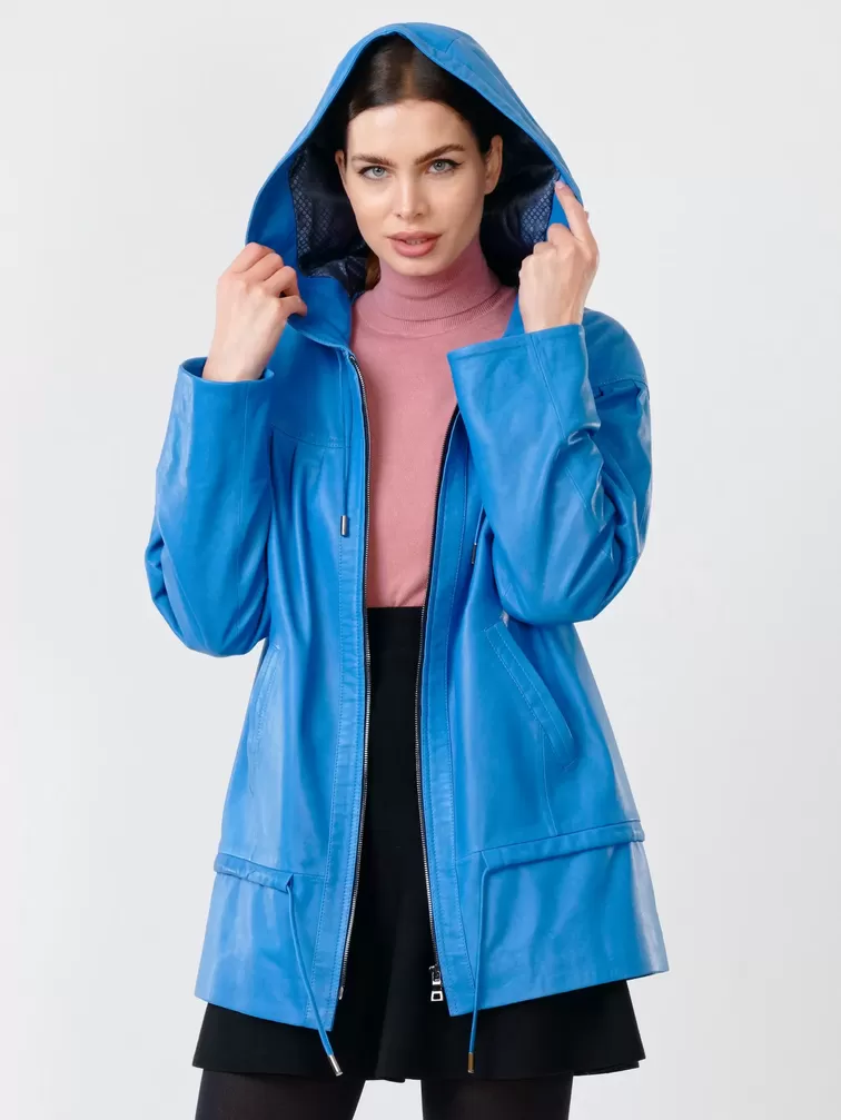 Кожаная куртка женская 303у , с капюшоном, голубая, р. 50, арт. 90690-6