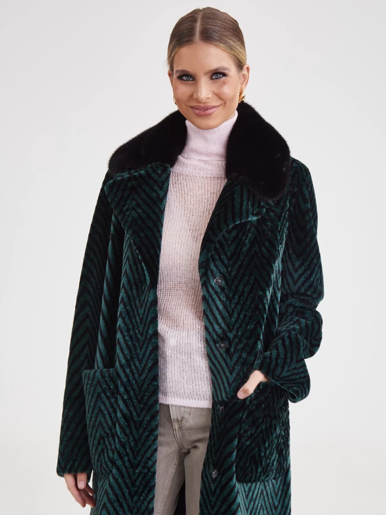 Двустороннее женское пальто с воротником из мехом норки премиум класса 2003, зеленое, размер 46, артикул 25480-2