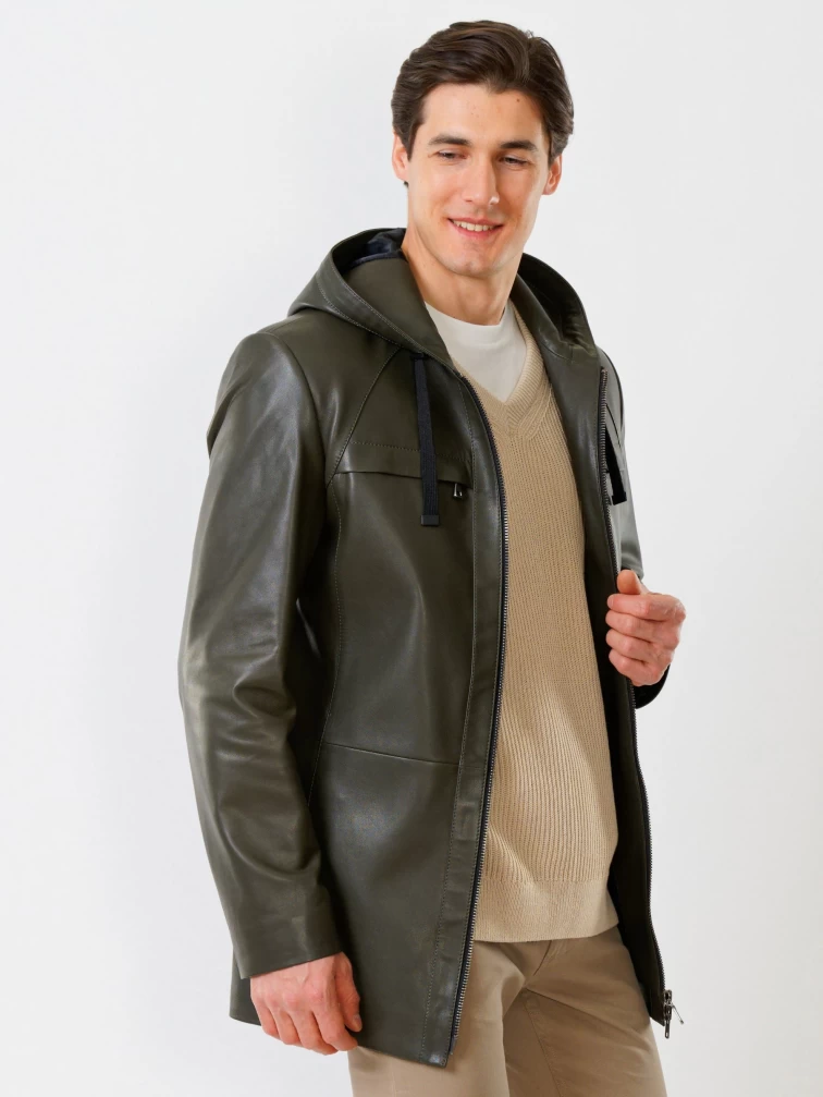 Удлиненная мужская кожаная куртка с молниями YKK премиум класса 552, оливковая, размер 48, артикул 28760-0