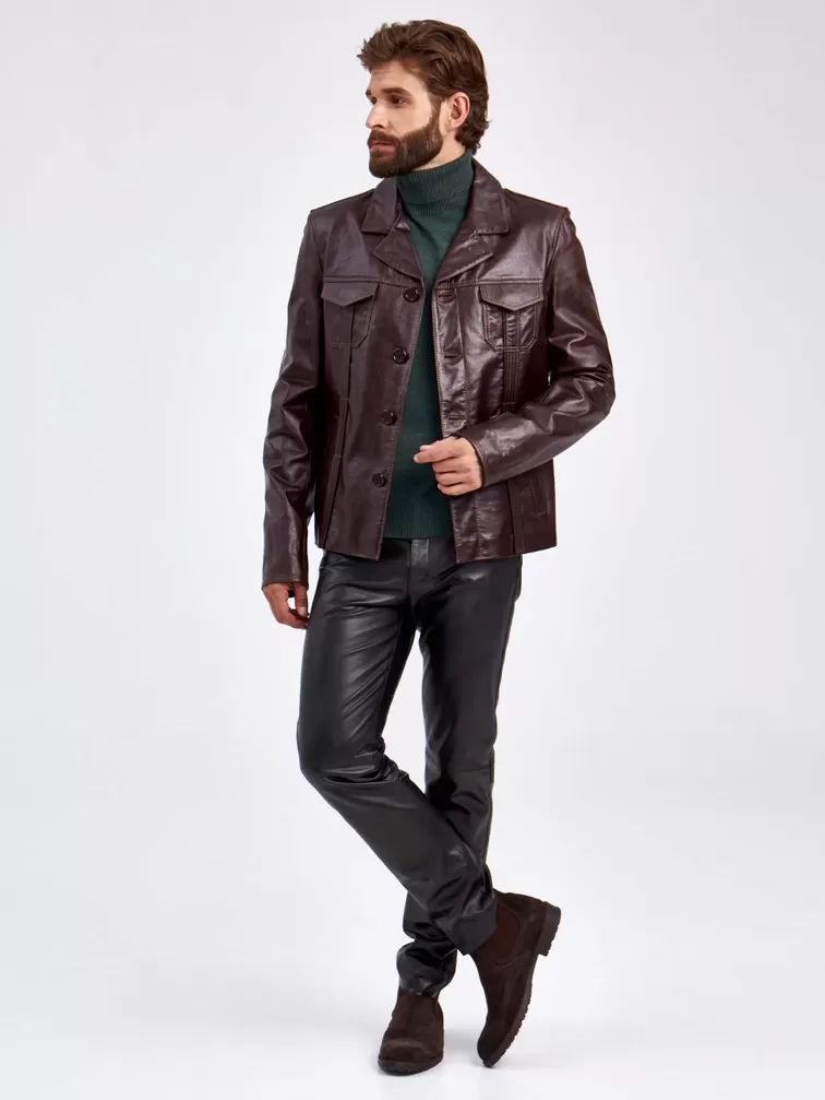 Кожаный пиджак мужской 2010-7, короткий, коричневый, p. 48, арт. 29310-1