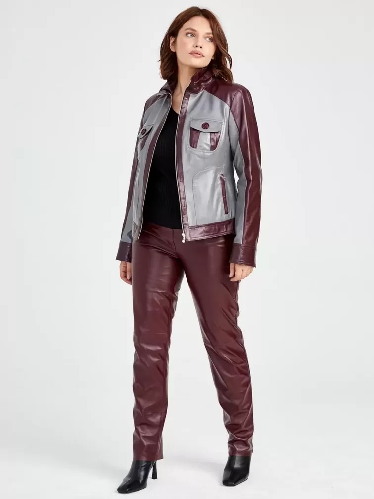 Кожаный комплект: Куртка женская 341 + Брюки женские 02, серый/бордовый, р. 42, арт. 111170-0
