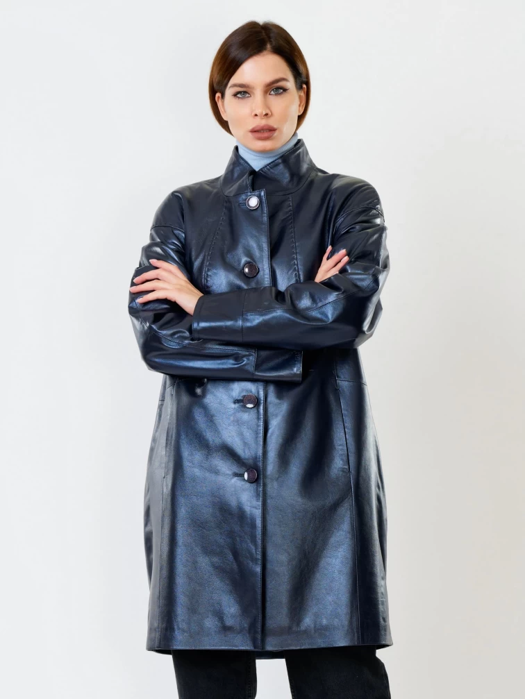 Кожаное пальто женское 378, синий перламутр, размер 48, артикул 91130-0