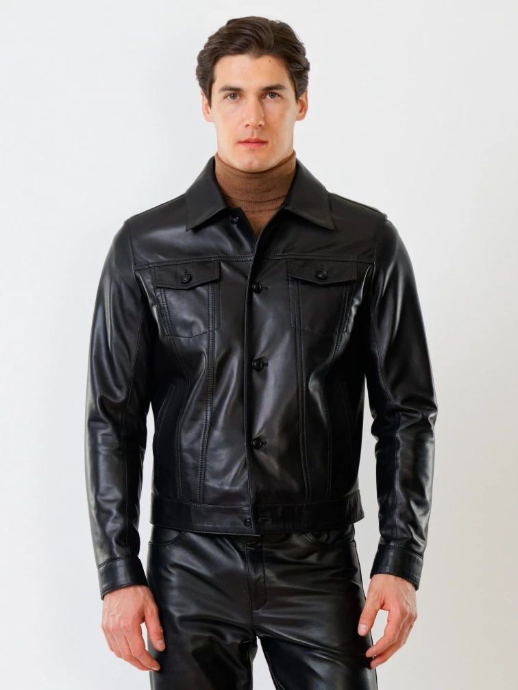 Короткая мужская кожаная куртка в джинсовом стиле 550, черная, размер 48, артикул  28750-6