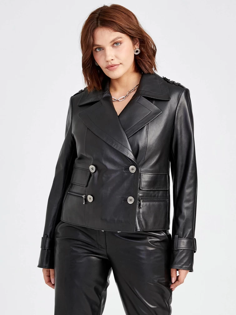 Двубортный кожаный женский пиджак 3014, черный, размер 48, артикул 91570-0