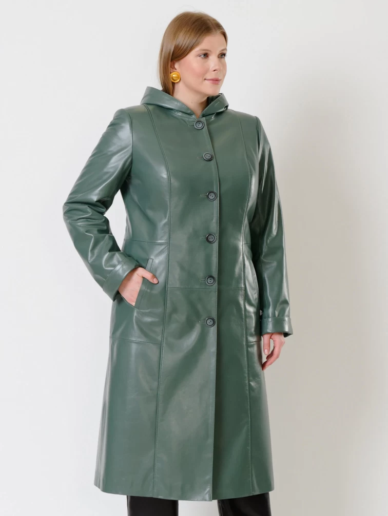 Кожаный утепленный плащ женский 380нш, с капюшоном, оливковый, размер 48, артикул 91280-5