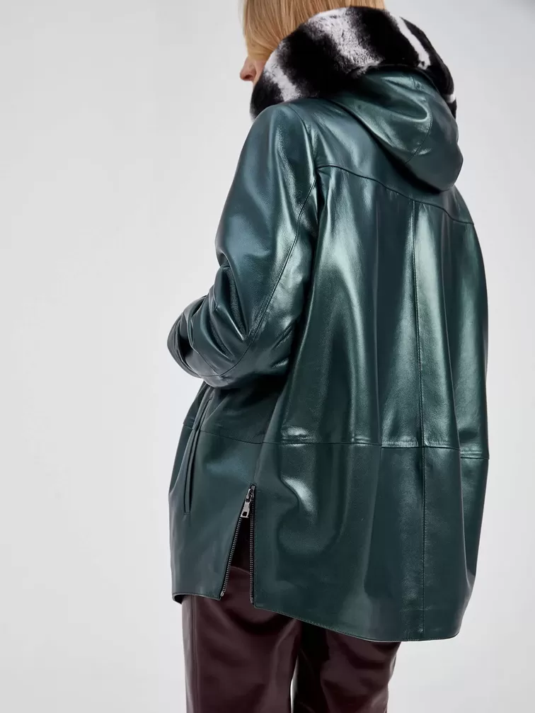 Кожаная утепленная куртка женская 308уш, с капюшоном, с мехом "рекса", зеленый, р. 48, арт. 40500-6