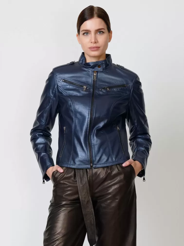 Кожаный комплект женский: Куртка 399 + Брюки 05, синий/черный, р. 44, арт. 111176-2