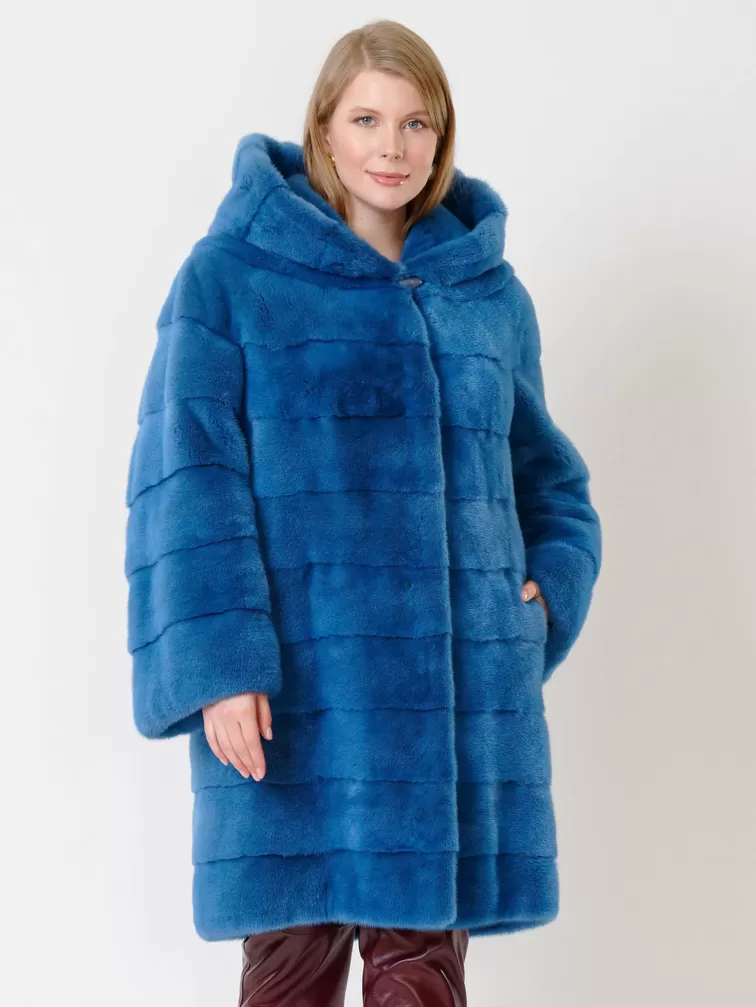 Пальто из меха норки женское 245к, с капюшоном, голубое, р. 52, арт. 32780-2