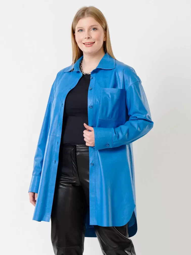 Кожаный костюм женский: Рубашка 01_2 + Брюки 04, голубой/черный, р. 46, арт. 111128-2