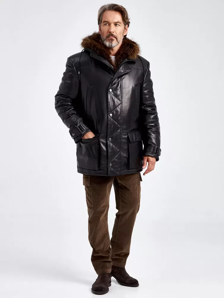 Кожаная куртка зимняя мужская 511, на подкладке из меха енота, с капюшоном, черная, p. 56, арт. 40730-5