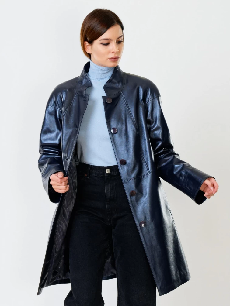 Кожаное пальто женское 378, синий перламутр, размер 48, артикул 91130-2