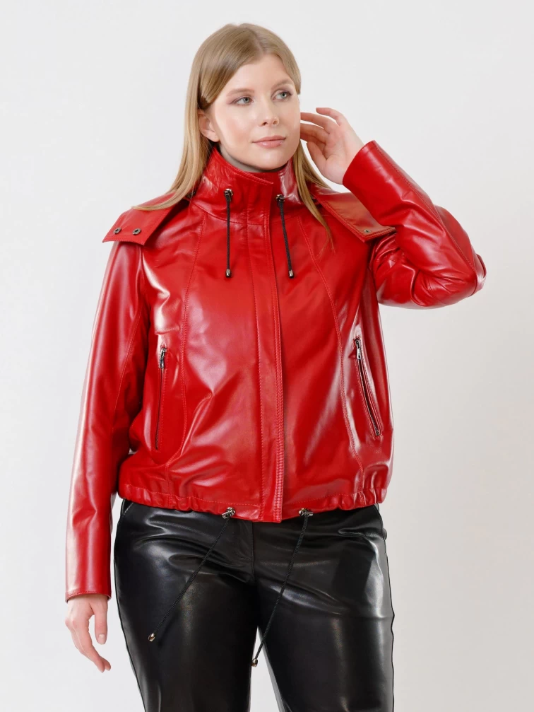 Кожаная женская куртка бомбер с капюшоном 305, красная, размер 48, артикул 91440-2