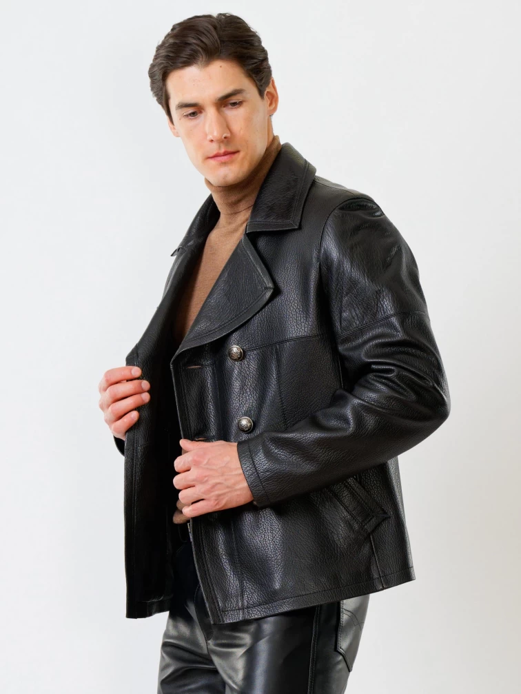 Двубортная мужская кожаная куртка Клуб, черная, размер 48, артикул 28781-1