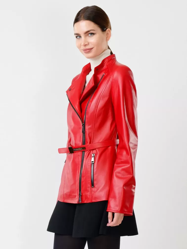 Кожаная куртка женская 320(нв), с поясом, красная, р. 44, арт. 90731-6