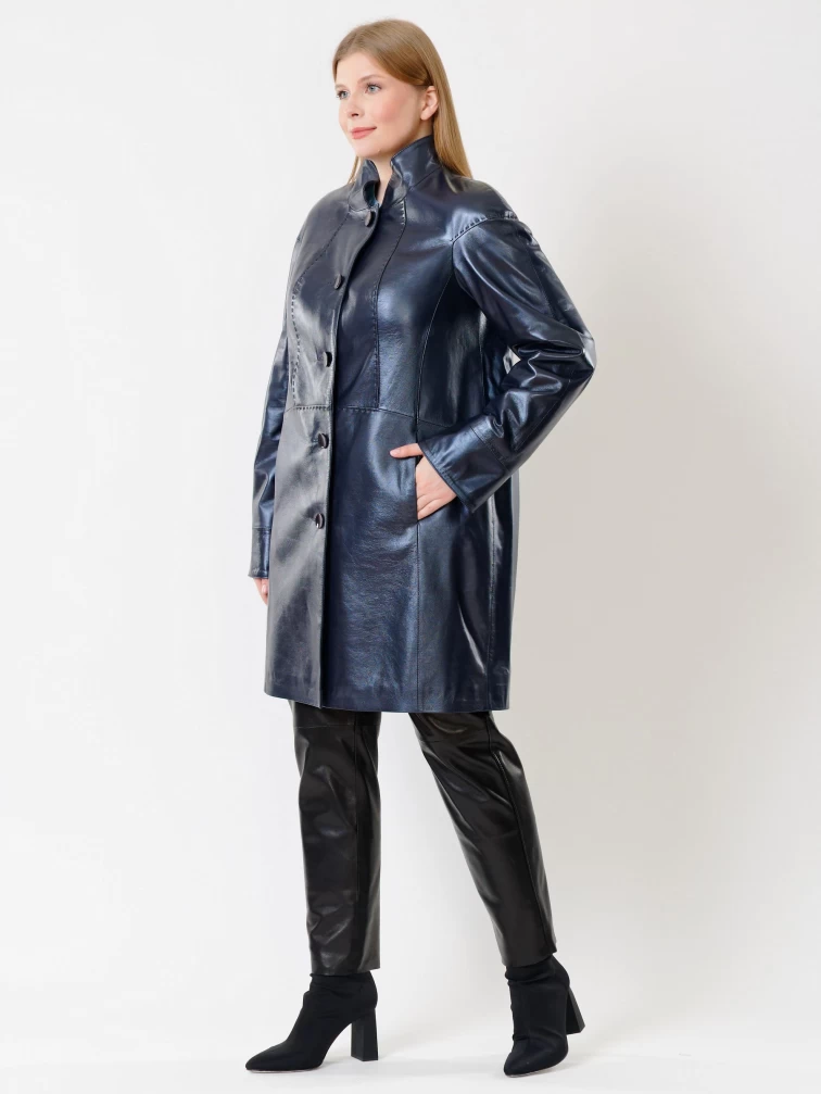 Кожаный комплект женский: Куртка 378 + Брюки 04, синий перламутр/черный, р. 46, арт. 111160-1