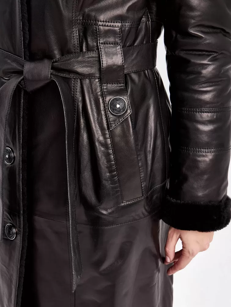 Кожаное пальто зимнее женское 392мех, с капюшоном, с поясом, черное, р. 48, арт. 91850-3